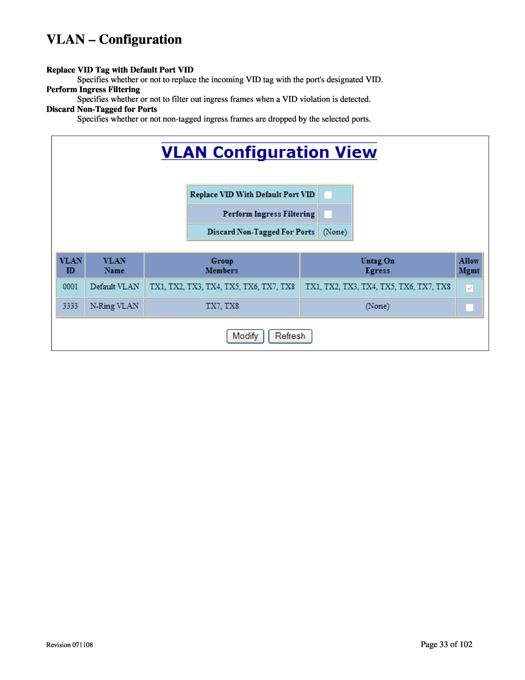 N-Tron 708M12 user manual VLAN - Configuration, Replace VID Tag with Default Port VID, Perform Ingress Filtering 