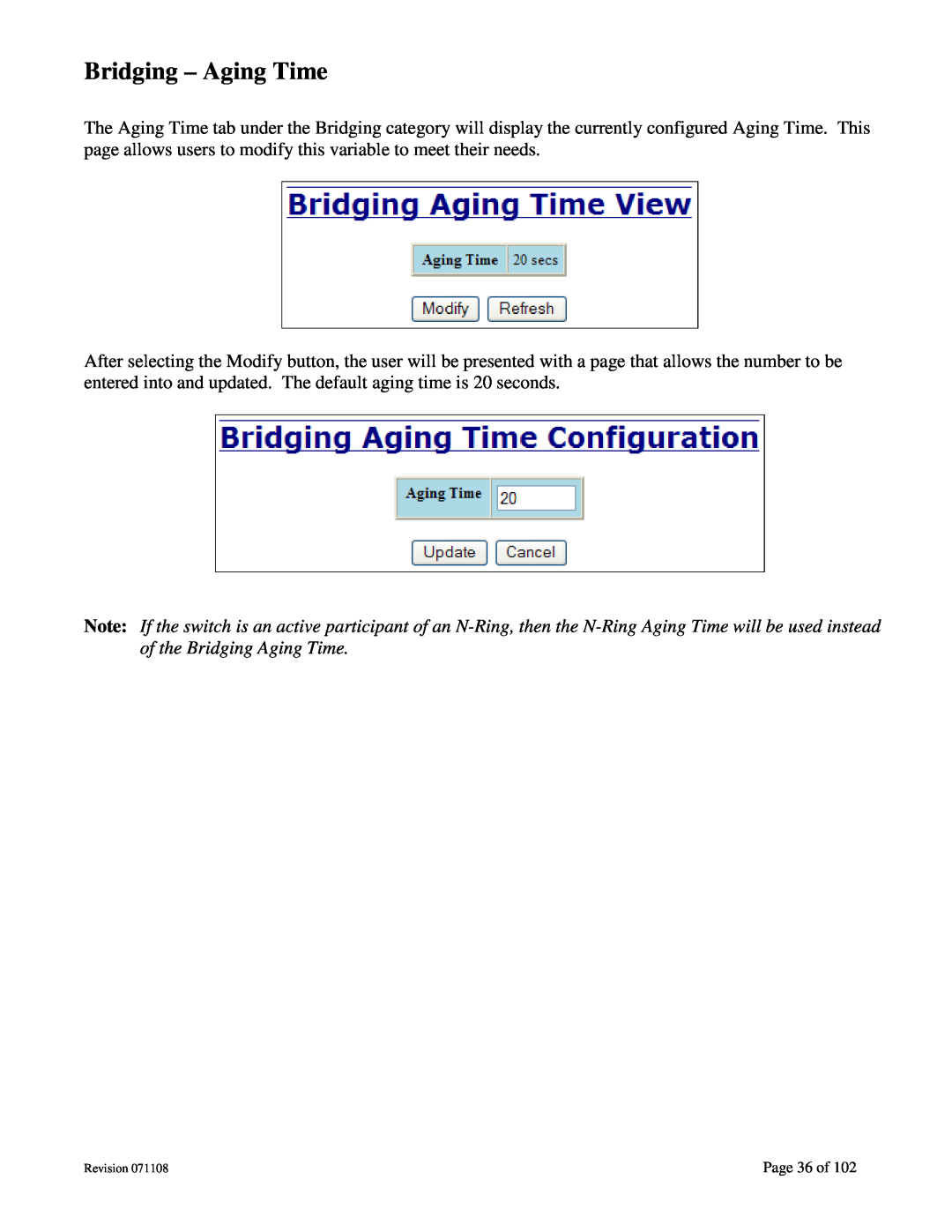 N-Tron 708M12 user manual Bridging - Aging Time, Page 36 of 