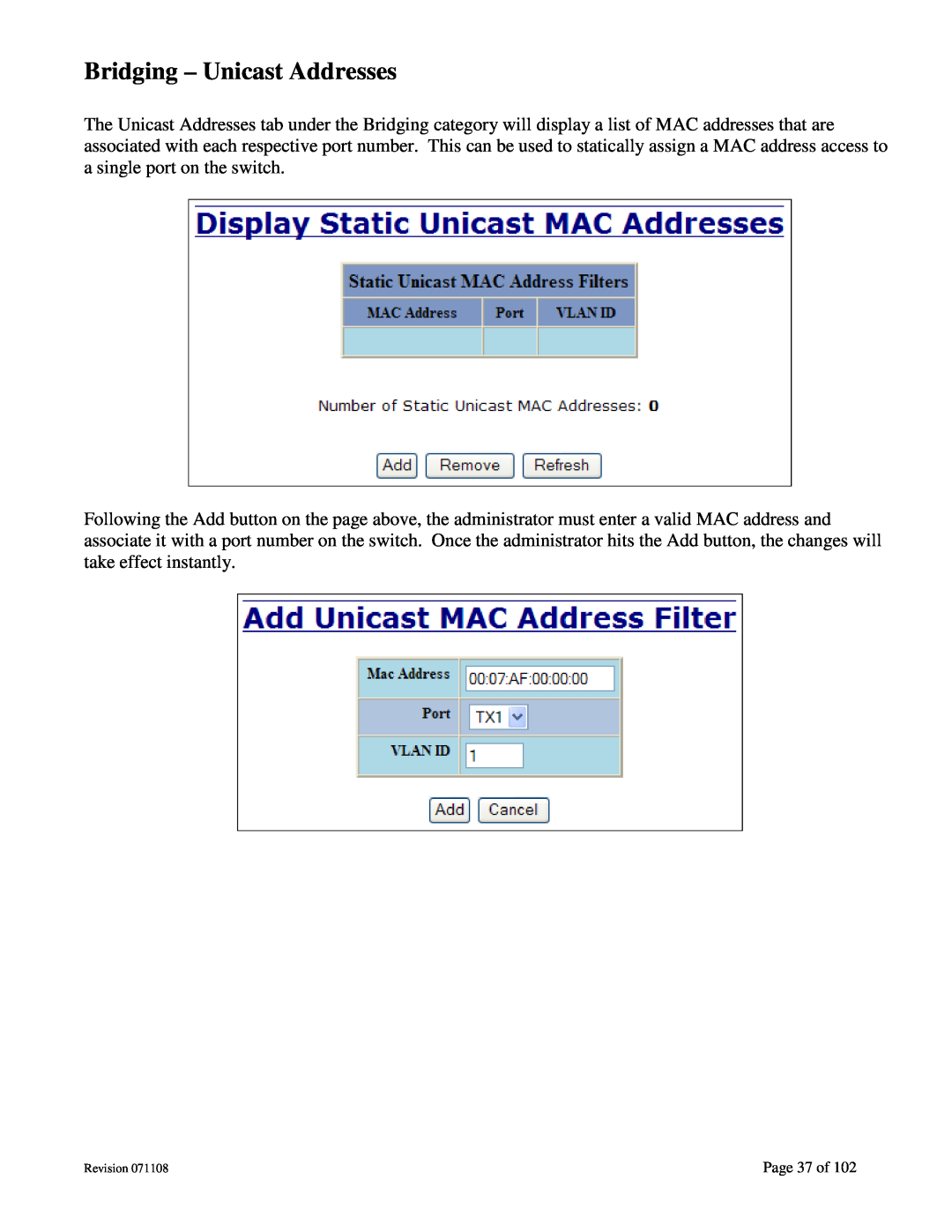 N-Tron 708M12 user manual Bridging - Unicast Addresses, Page 37 of 