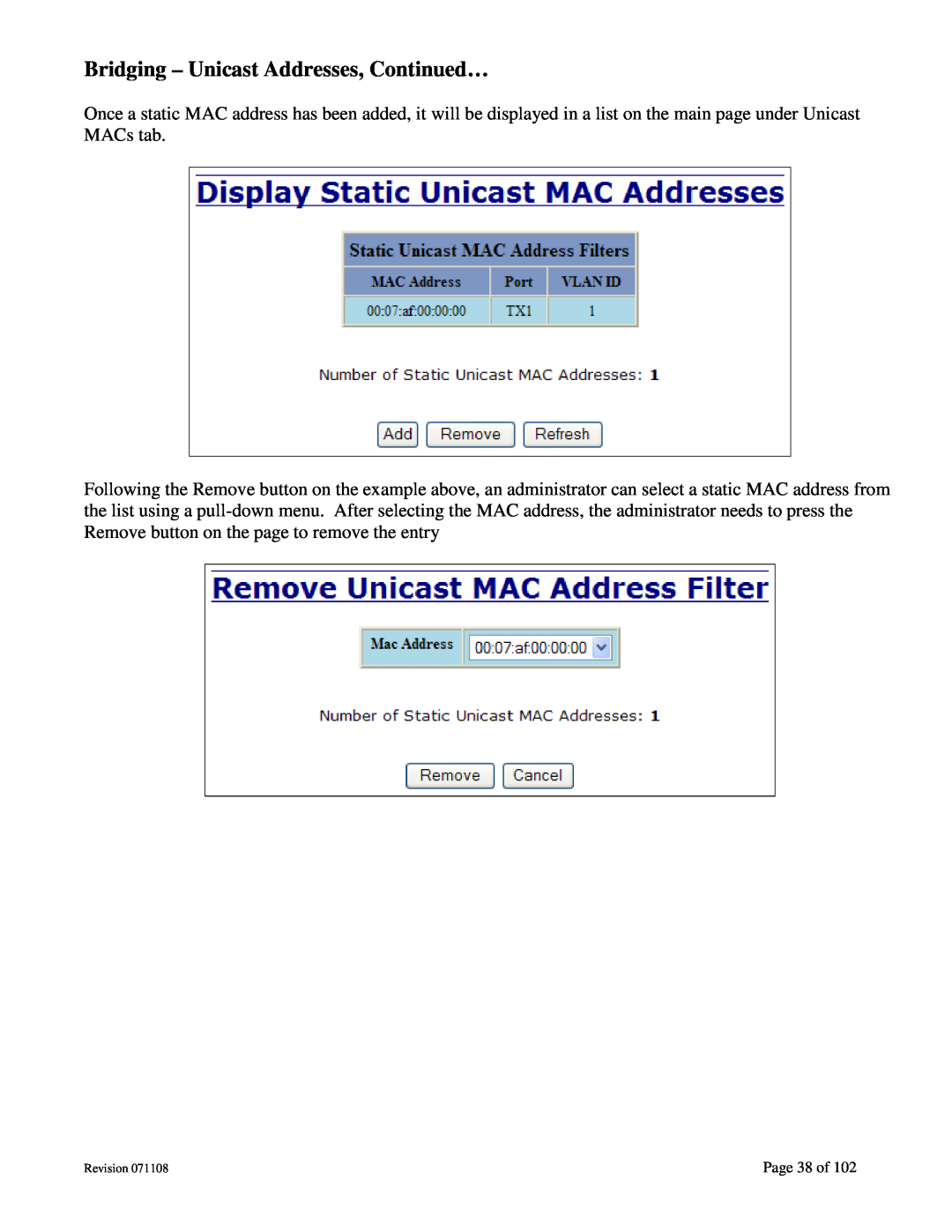 N-Tron 708M12 user manual Bridging - Unicast Addresses, Continued…, Page 38 of 