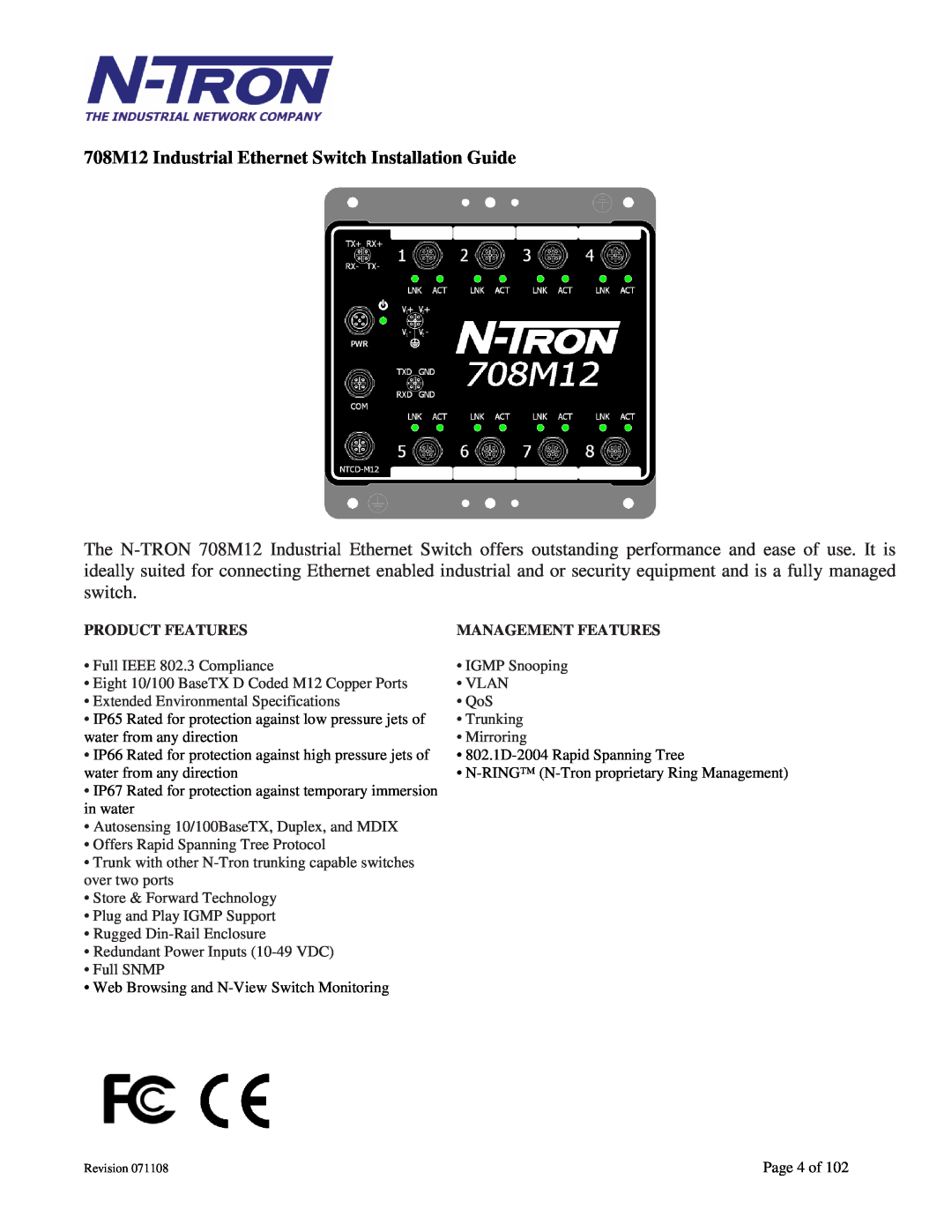 N-Tron user manual 708M12 Industrial Ethernet Switch Installation Guide, Product Features, Management Features 