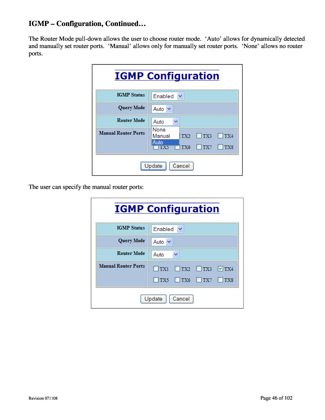 N-Tron 708M12 IGMP - Configuration, Continued…, The user can specify the manual router ports, Page 46 of, Revision 