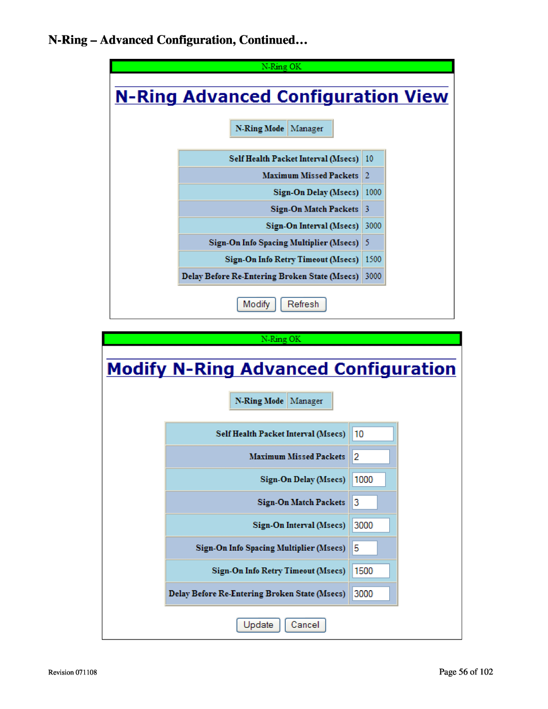 N-Tron 708M12 user manual N-Ring - Advanced Configuration, Continued…, Page 56 of, Revision 