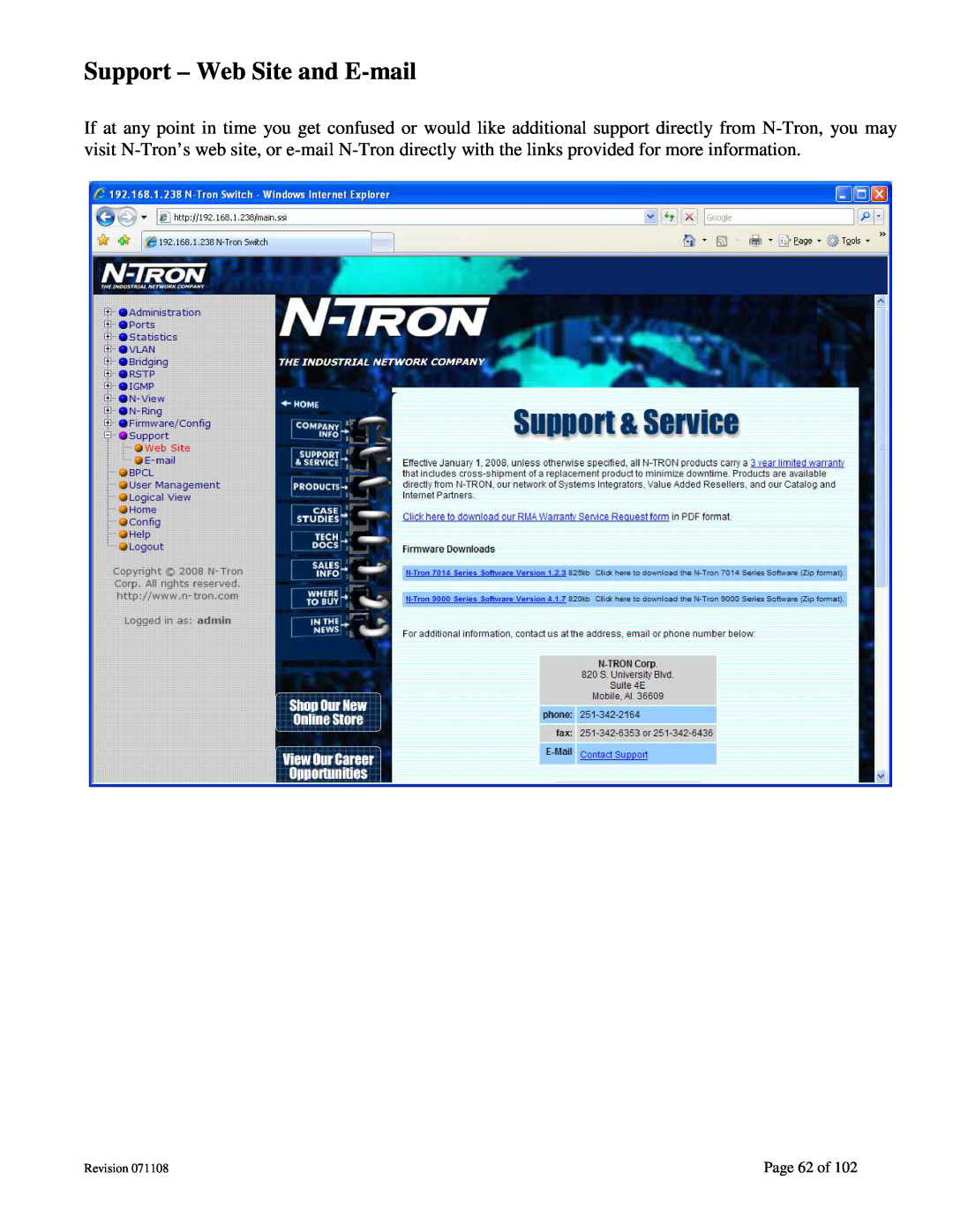 N-Tron 708M12 user manual Support - Web Site and E-mail, Page 62 of, Revision 