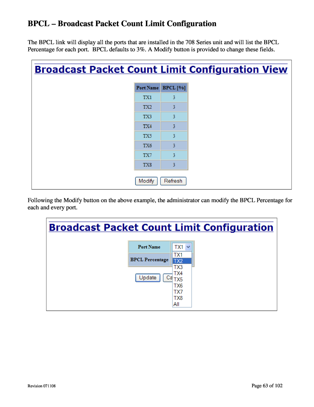 N-Tron 708M12 user manual BPCL - Broadcast Packet Count Limit Configuration, Page 63 of 