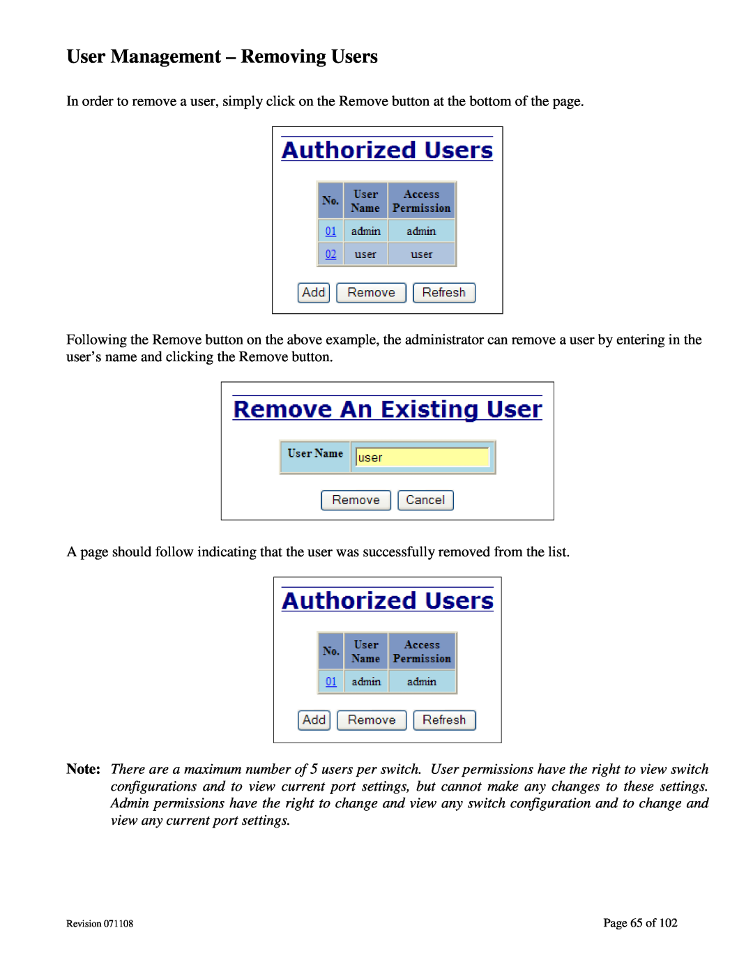 N-Tron 708M12 user manual User Management - Removing Users, Page 65 of 