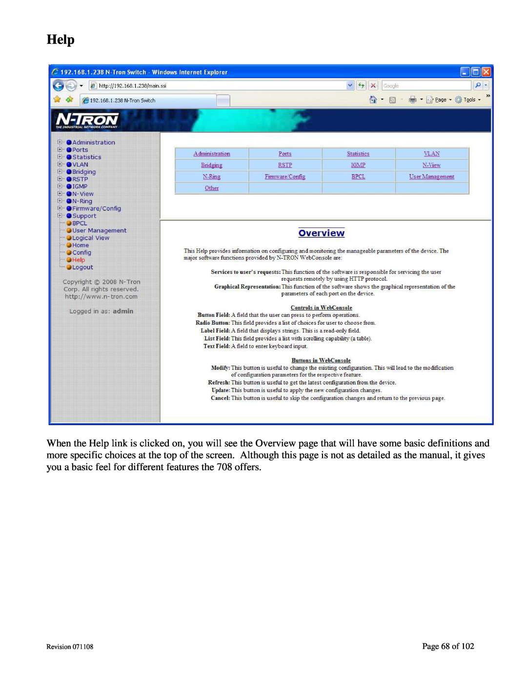 N-Tron 708M12 user manual Help, Page 68 of, Revision 