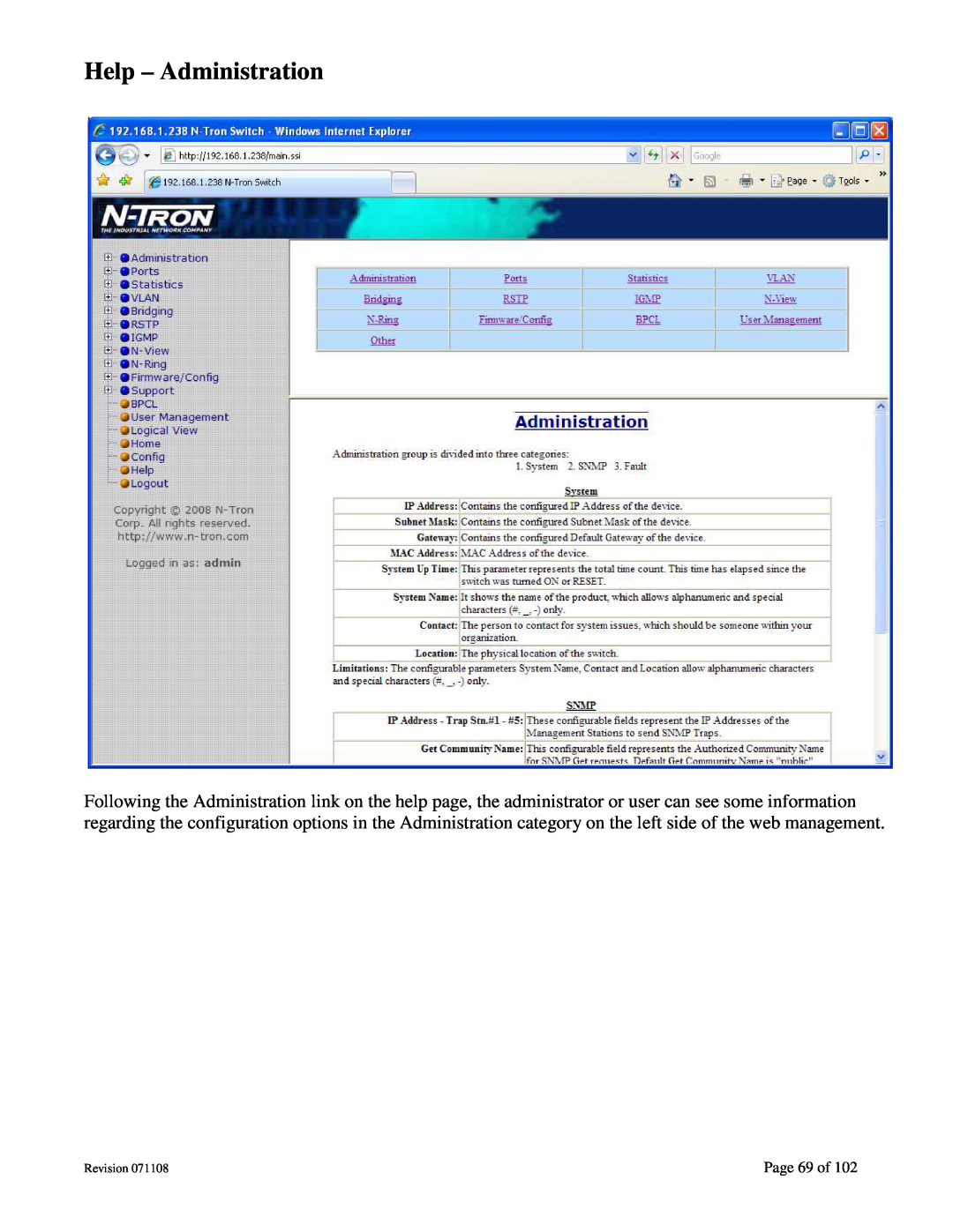 N-Tron 708M12 user manual Help - Administration, Page 69 of, Revision 