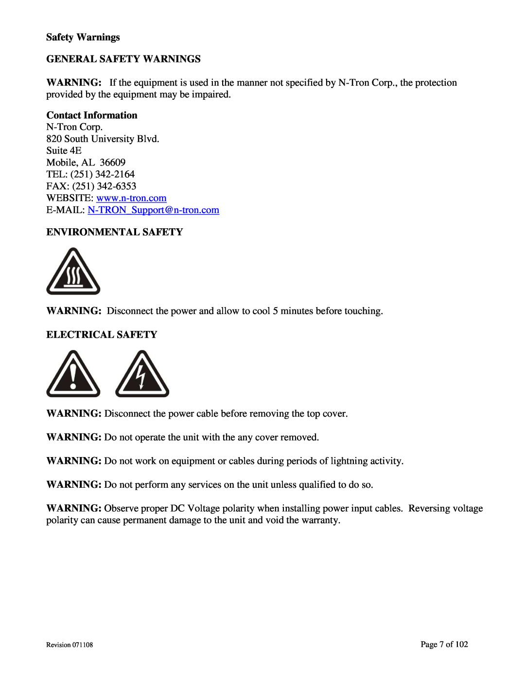 N-Tron 708M12 user manual Safety Warnings GENERAL SAFETY WARNINGS, Contact Information, E-MAIL N-TRONSupport@n-tron.com 