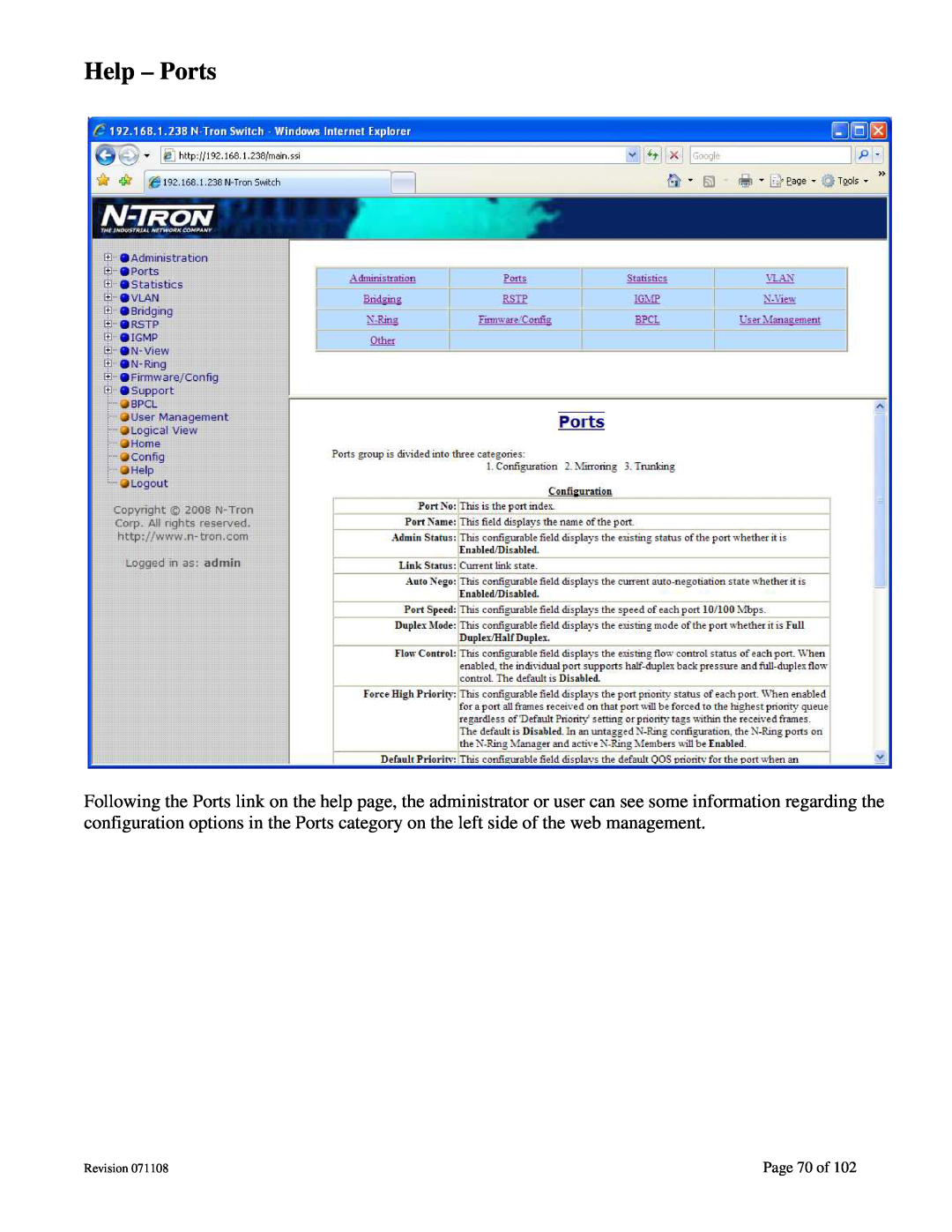 N-Tron 708M12 user manual Help - Ports, Page 70 of, Revision 