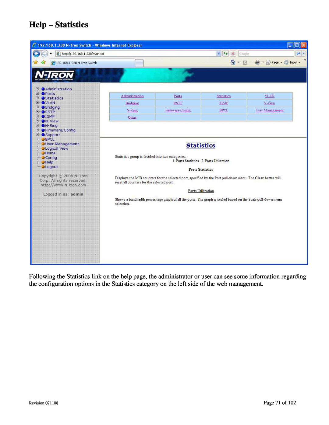N-Tron 708M12 user manual Help - Statistics, Page 71 of, Revision 