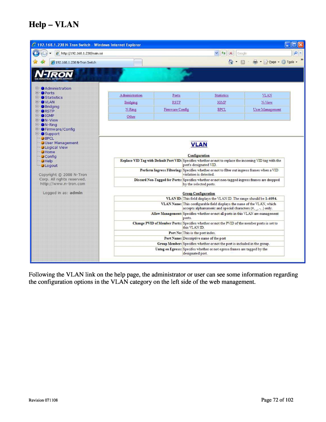 N-Tron 708M12 user manual Help - VLAN, Page 72 of, Revision 