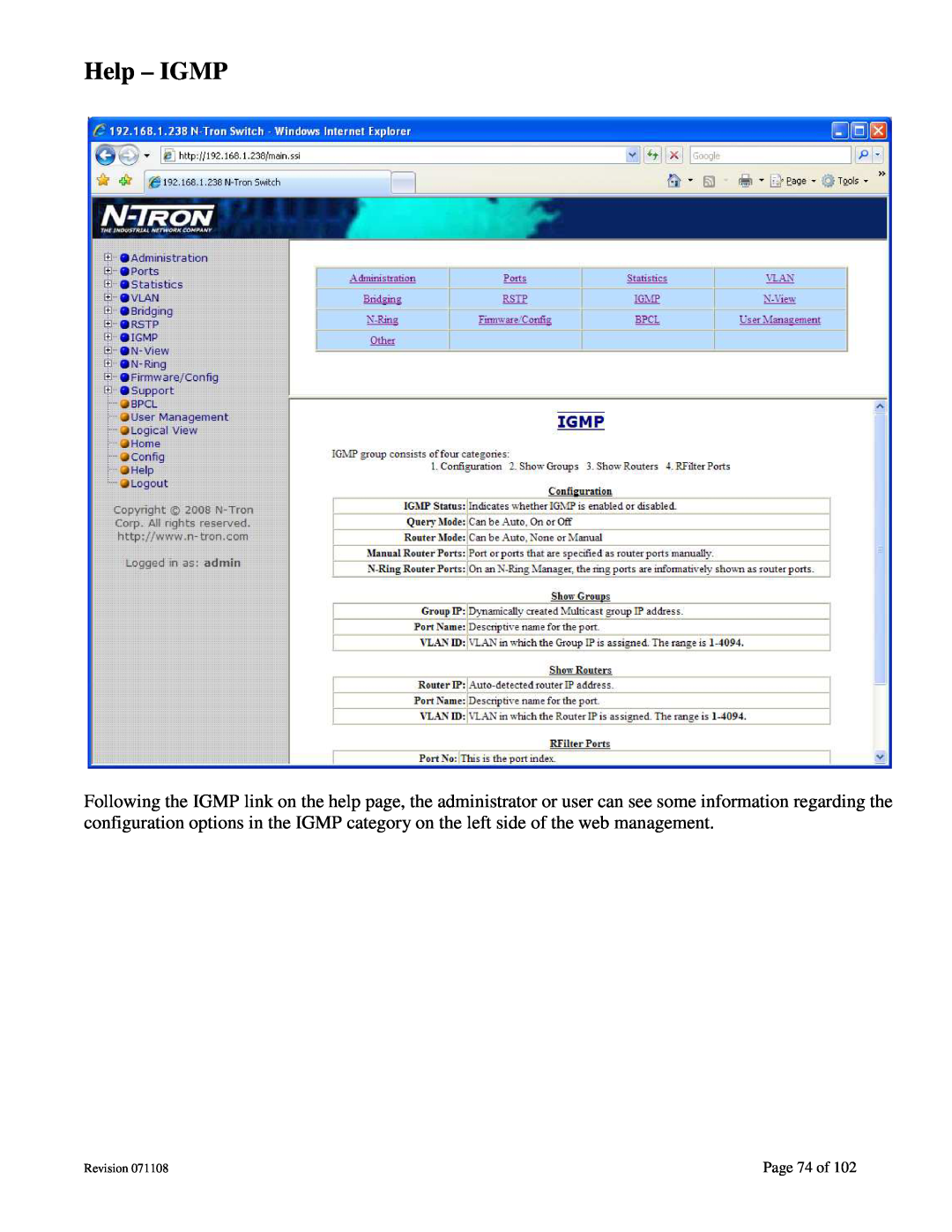 N-Tron 708M12 user manual Help - IGMP, Page 74 of, Revision 