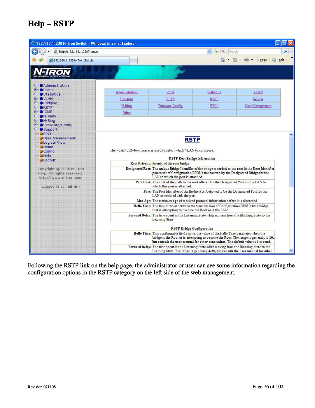 N-Tron 708M12 user manual Help - RSTP, Page 76 of, Revision 