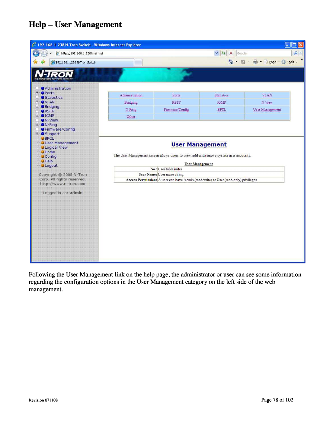 N-Tron 708M12 user manual Help - User Management, Page 78 of, Revision 