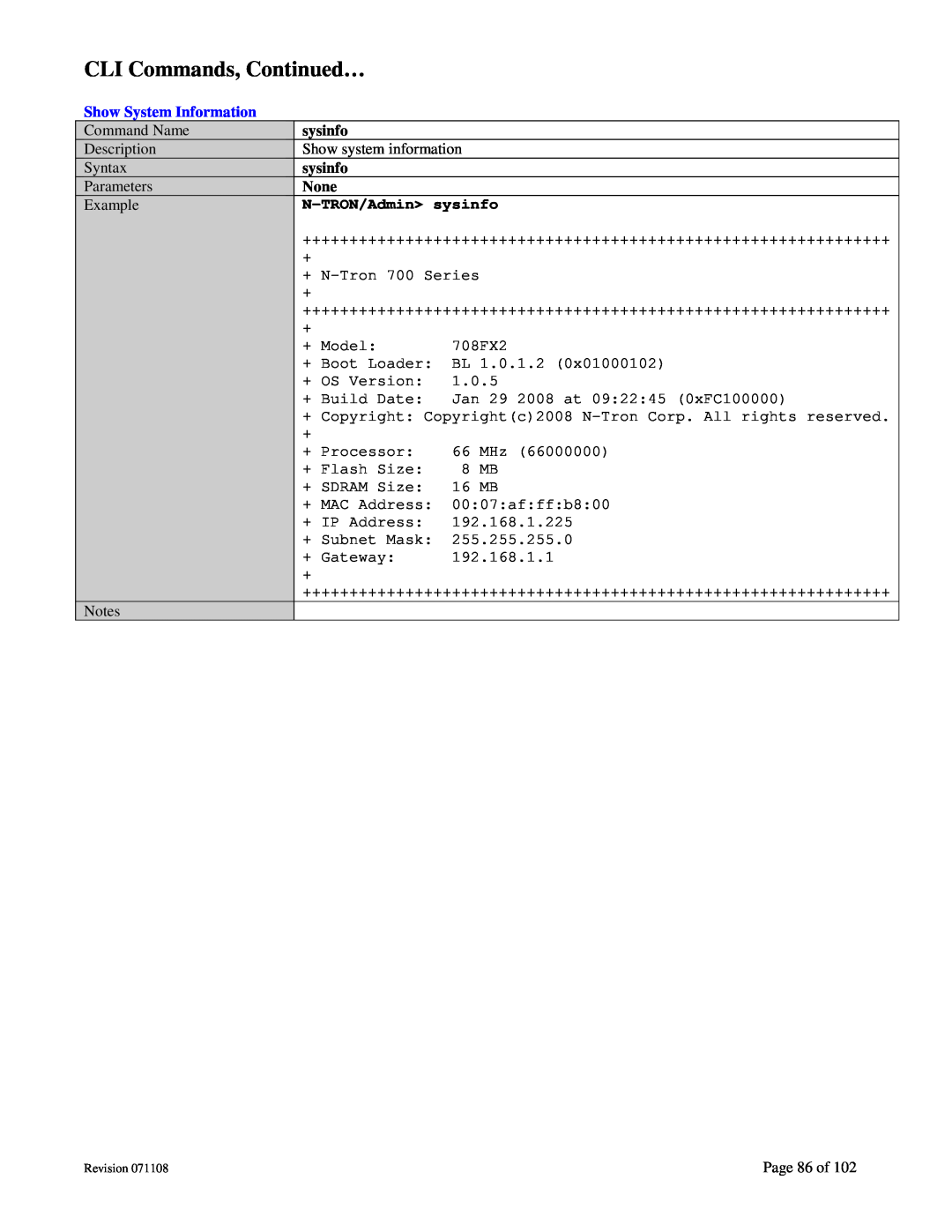 N-Tron 708M12 user manual CLI Commands, Continued…, Show System Information, N-TRON/Admin sysinfo 