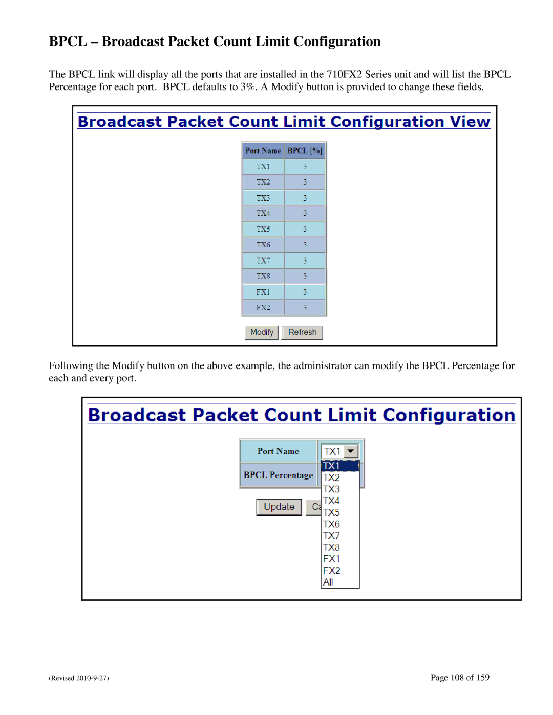 N-Tron 710FX2 user manual Bpcl Broadcast Packet Count Limit Configuration 