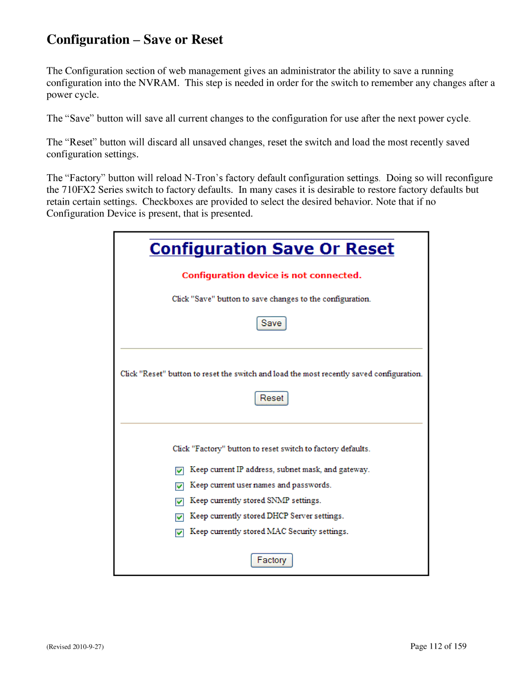 N-Tron 710FX2 user manual Configuration Save or Reset 