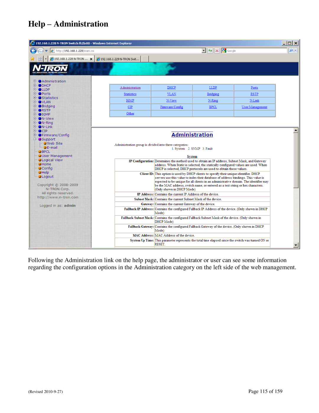 N-Tron 710FX2 user manual Help Administration 