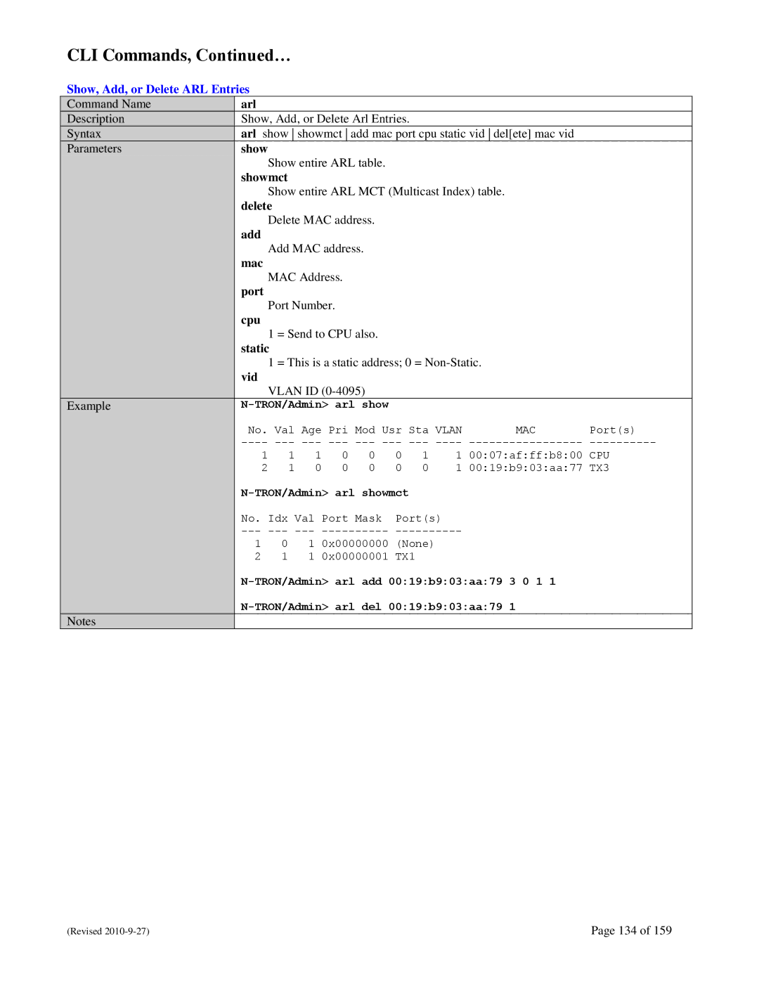 N-Tron 710FX2 user manual CLI Commands, …, Show, Add, or Delete ARL Entries 