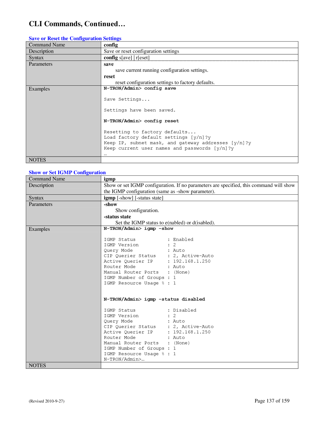 N-Tron 710FX2 user manual Save or Reset the Configuration Settings, Show or Set Igmp Configuration 