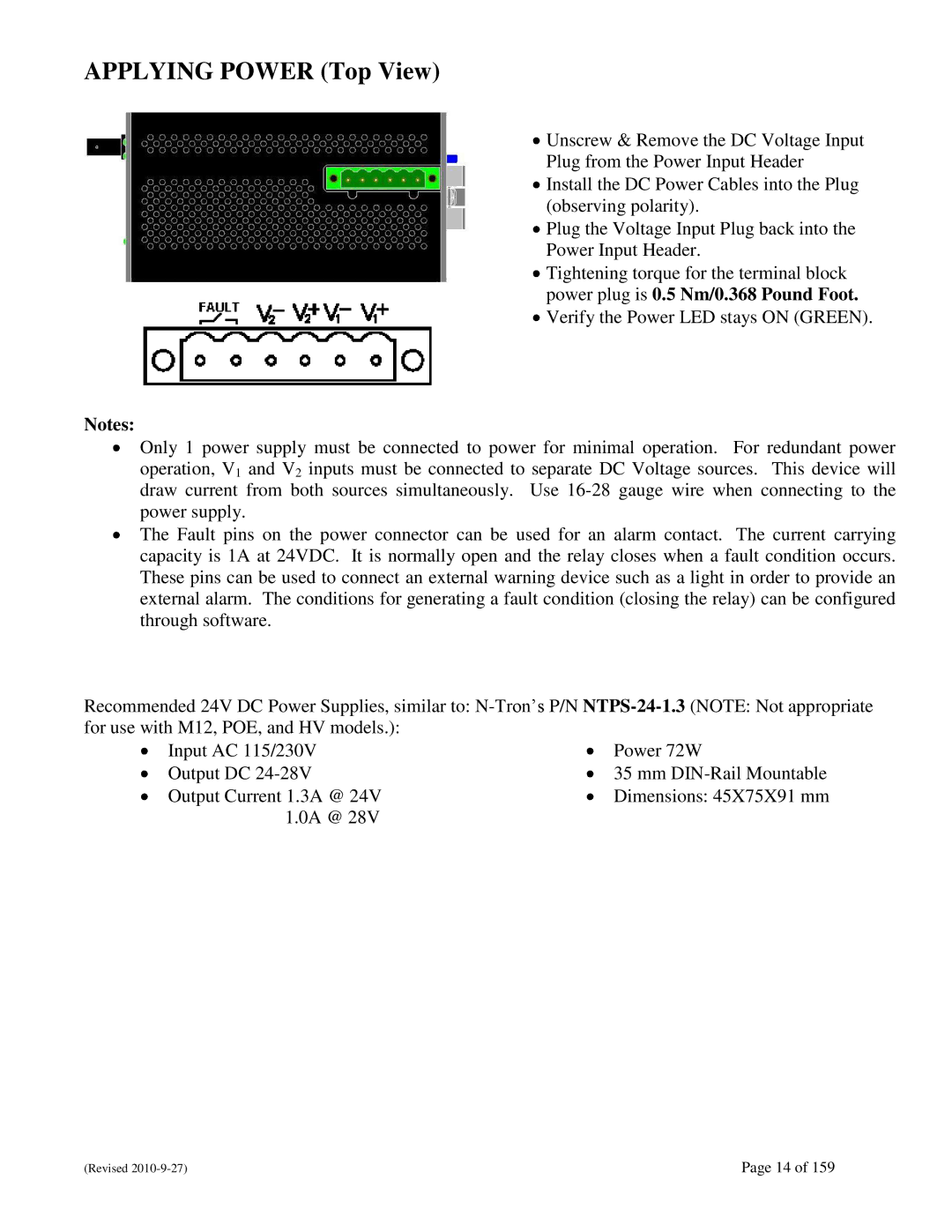 N-Tron 710FX2 user manual Applying Power Top View 