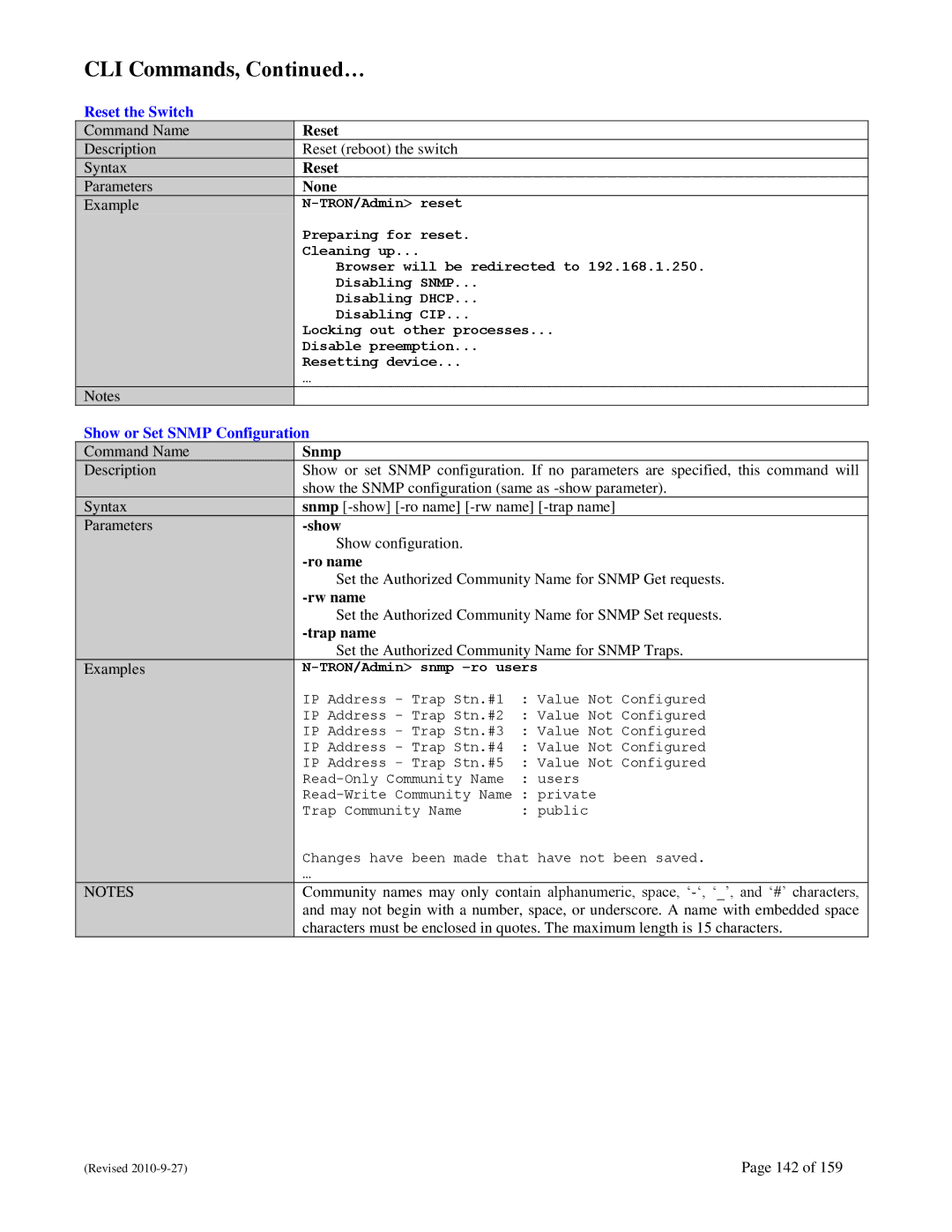 N-Tron 710FX2 user manual Reset the Switch, Show or Set Snmp Configuration 