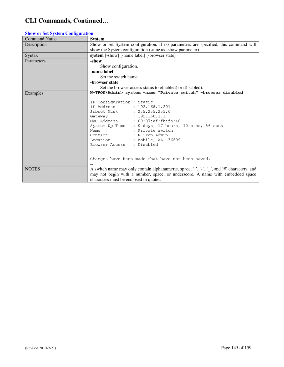 N-Tron 710FX2 user manual Show or Set System Configuration, Name label, Browser state 