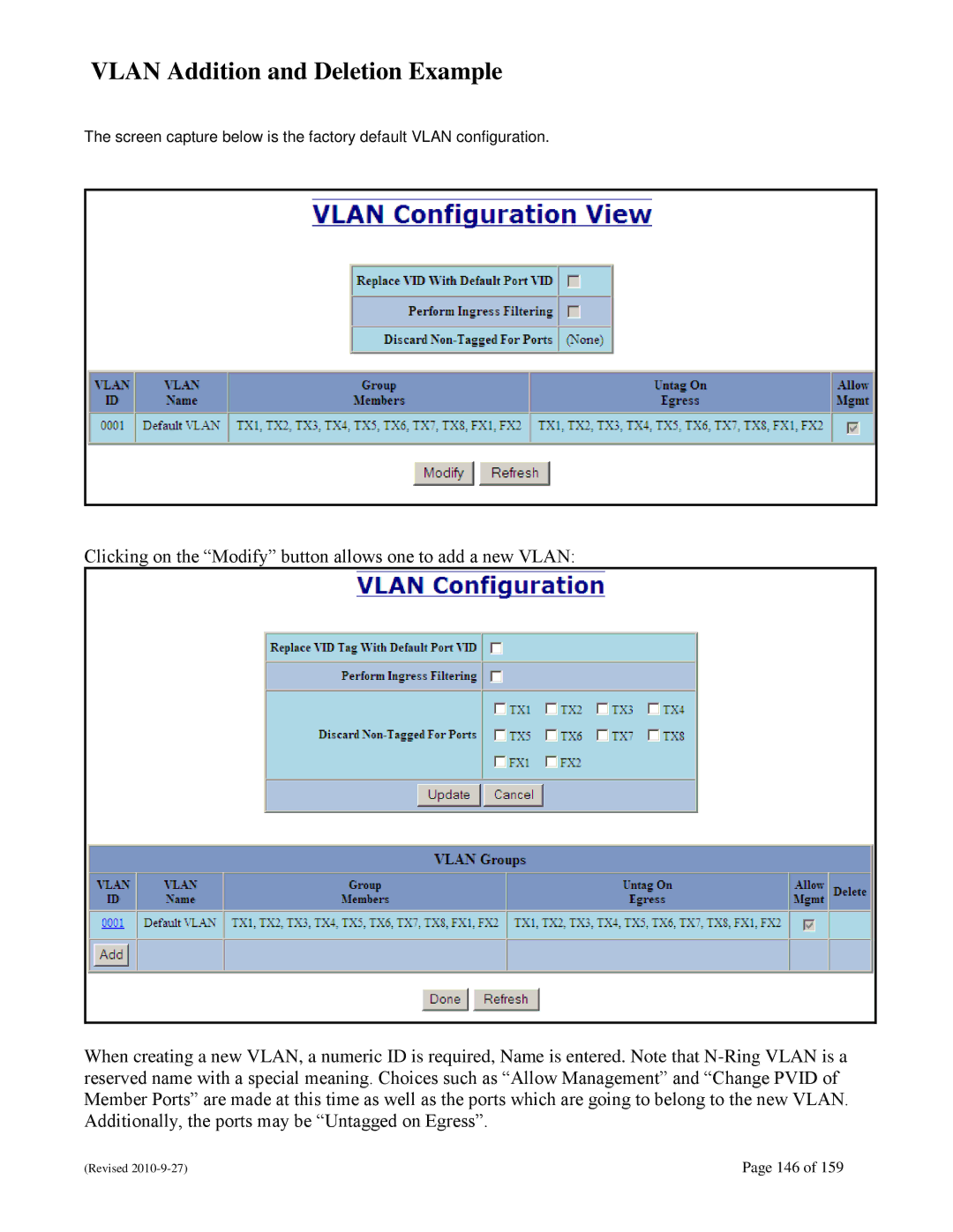 N-Tron 710FX2 user manual Vlan Addition and Deletion Example 