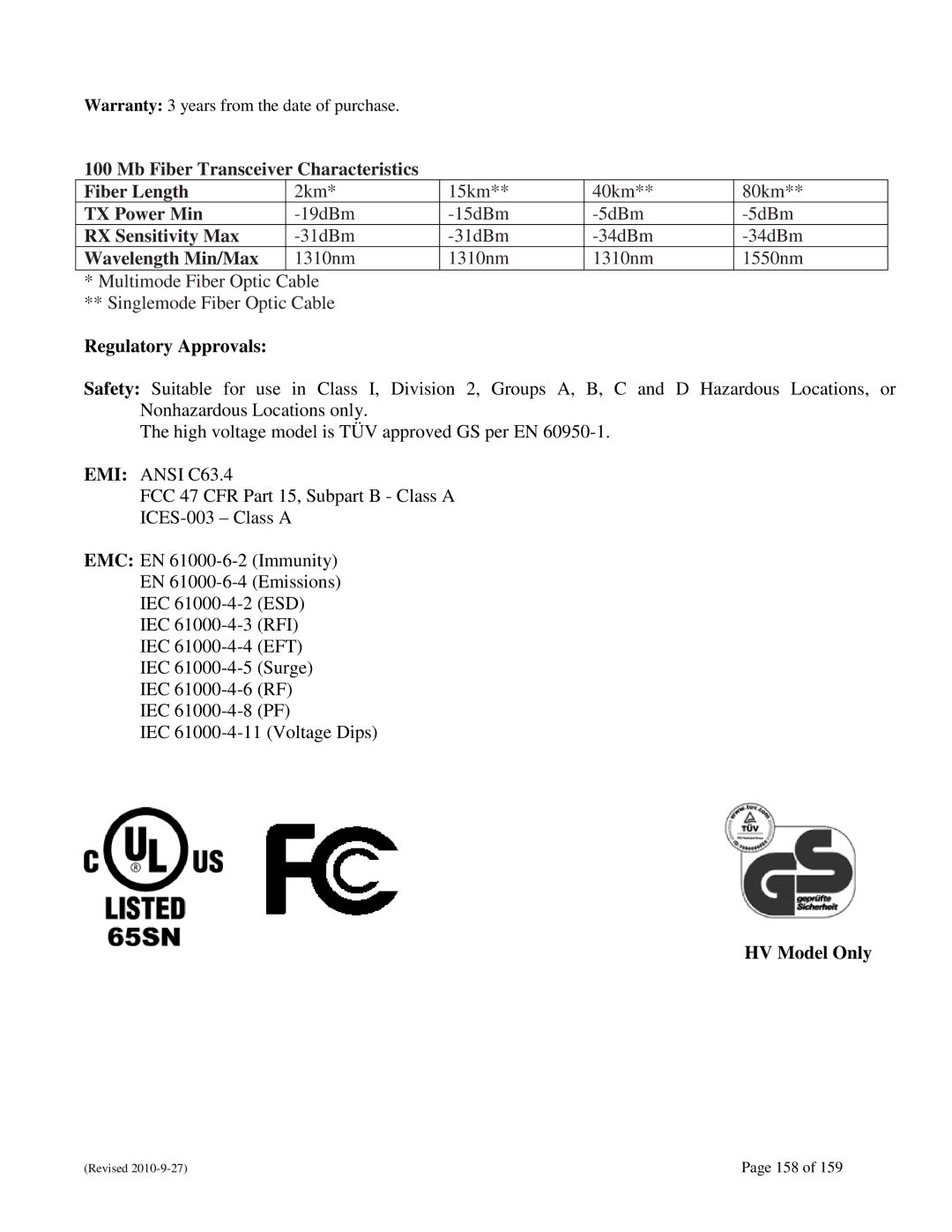 N-Tron 710FX2 user manual Wavelength Min/Max, Regulatory Approvals 