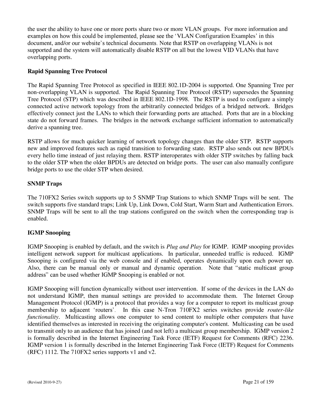 N-Tron 710FX2 user manual Rapid Spanning Tree Protocol, Snmp Traps, Igmp Snooping 