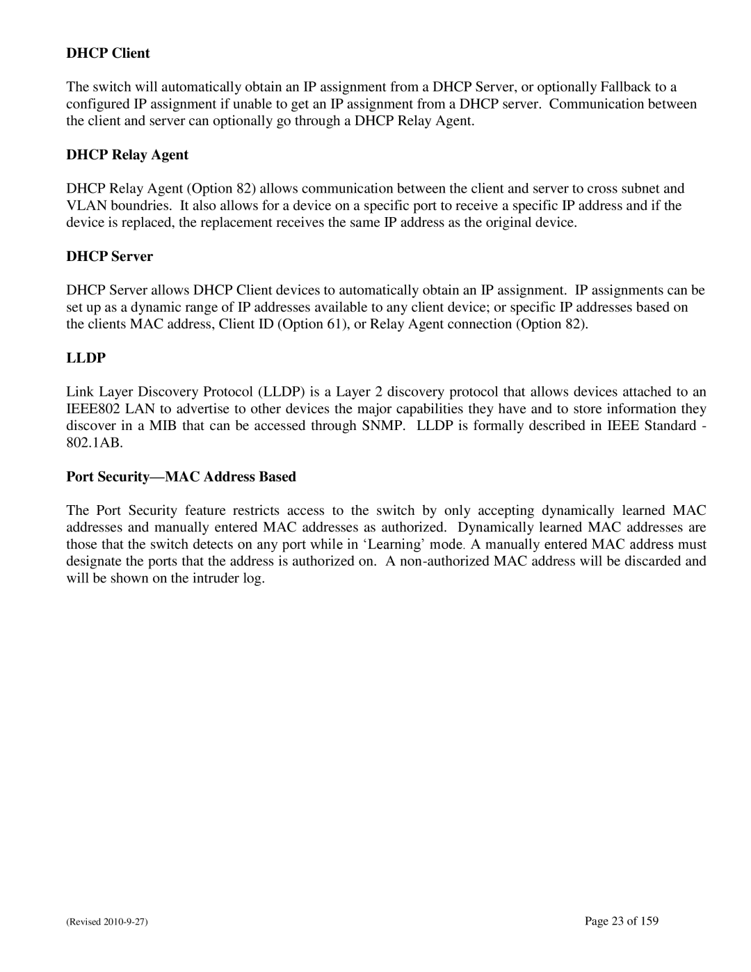 N-Tron 710FX2 user manual Dhcp Client, Dhcp Relay Agent, Dhcp Server, Port Security-MAC Address Based 