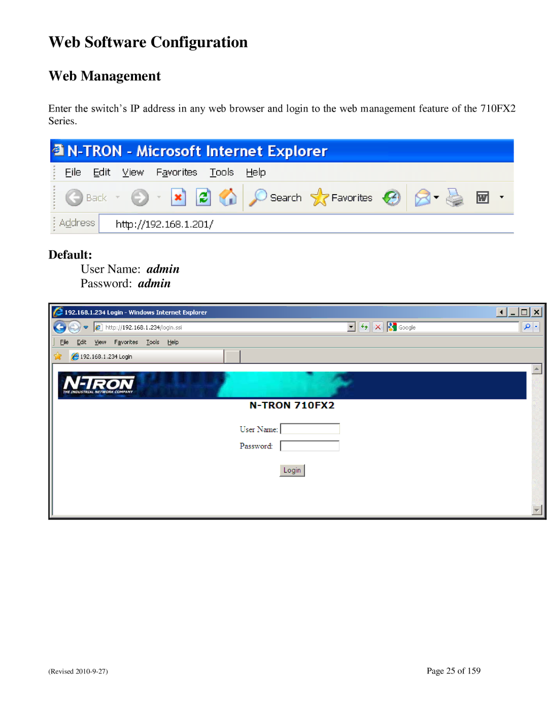 N-Tron 710FX2 user manual Web Management, Default 