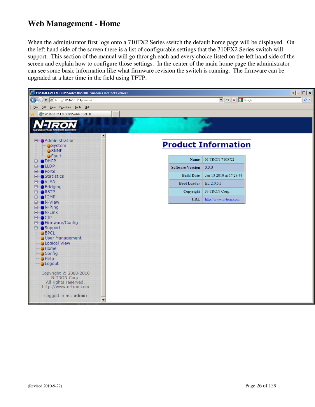 N-Tron 710FX2 user manual Web Management Home 