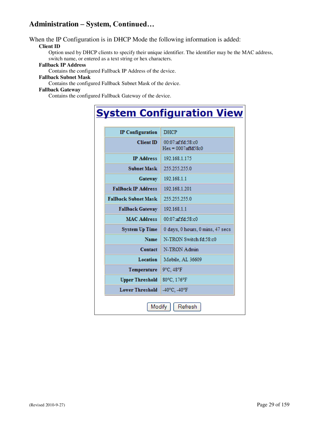 N-Tron 710FX2 user manual Administration System, …, Client ID, Fallback IP Address, Fallback Subnet Mask, Fallback Gateway 