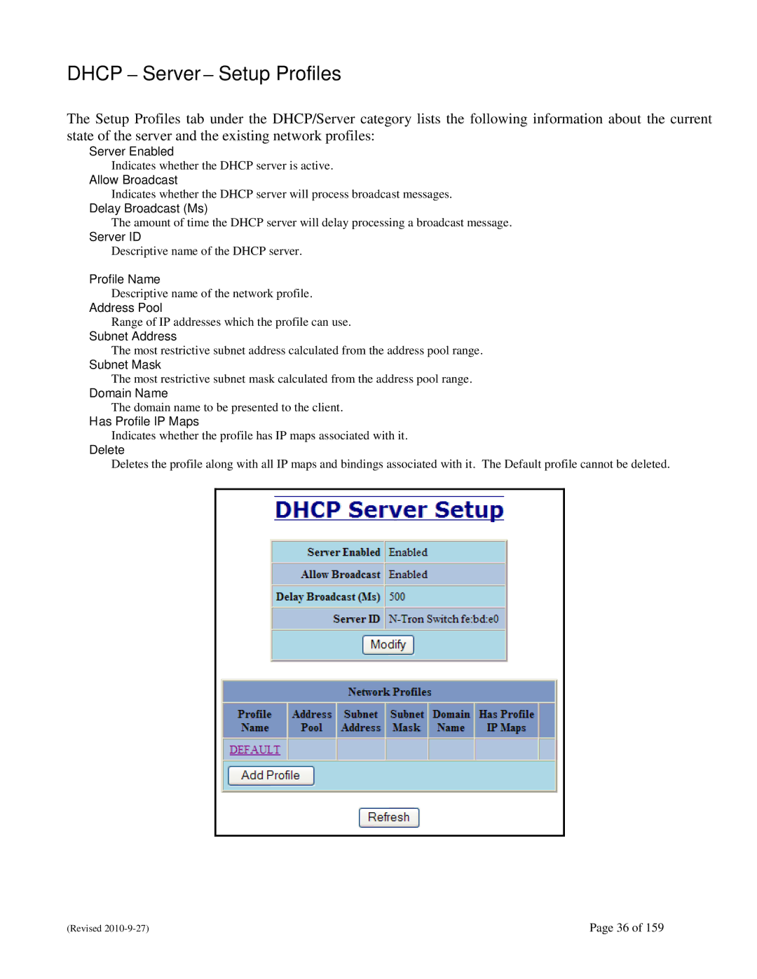 N-Tron 710FX2 user manual Dhcp Server Setup Profiles 