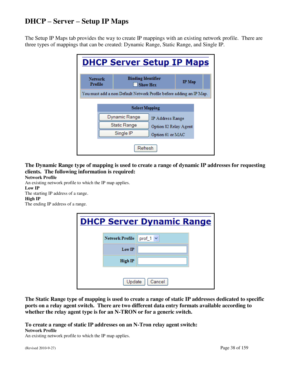 N-Tron 710FX2 user manual Dhcp Server Setup IP Maps, Network Profile, Low IP, High IP 