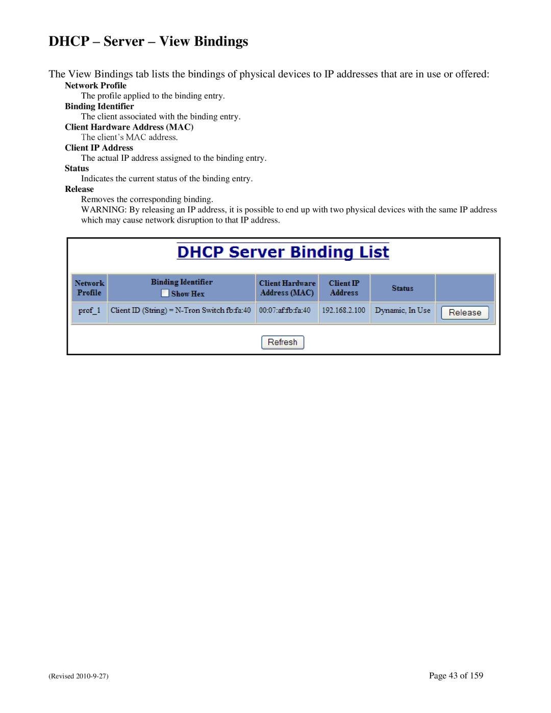 N-Tron 710FX2 user manual Dhcp Server View Bindings 