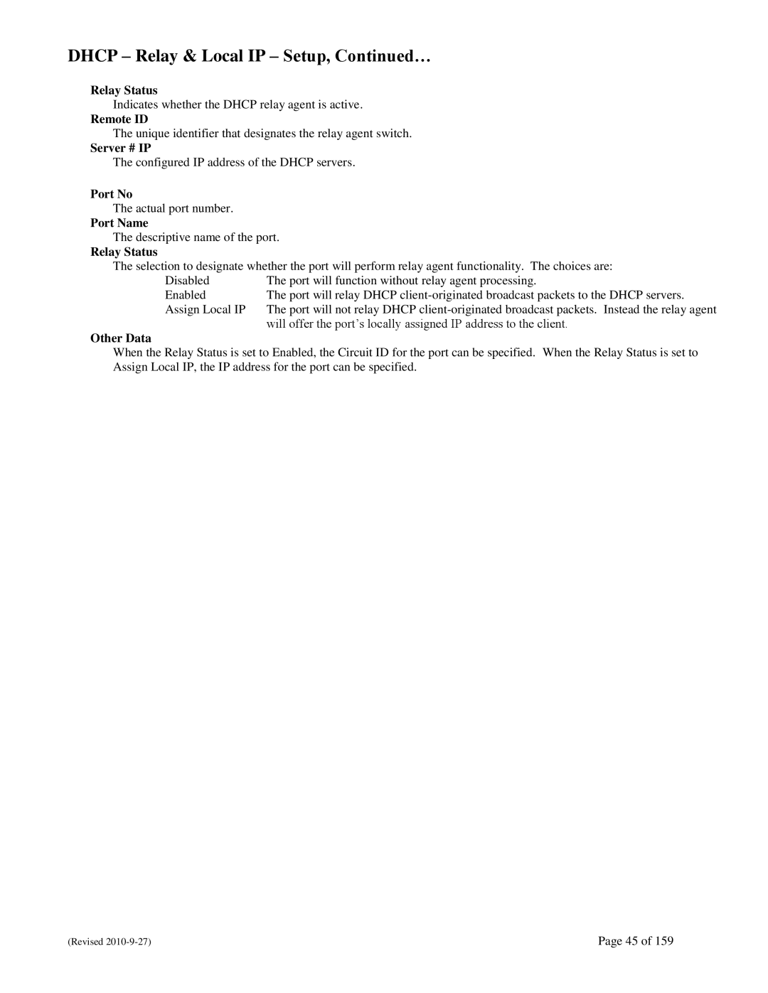 N-Tron 710FX2 user manual Dhcp Relay & Local IP Setup, …, Relay Status, Server # IP, Other Data 