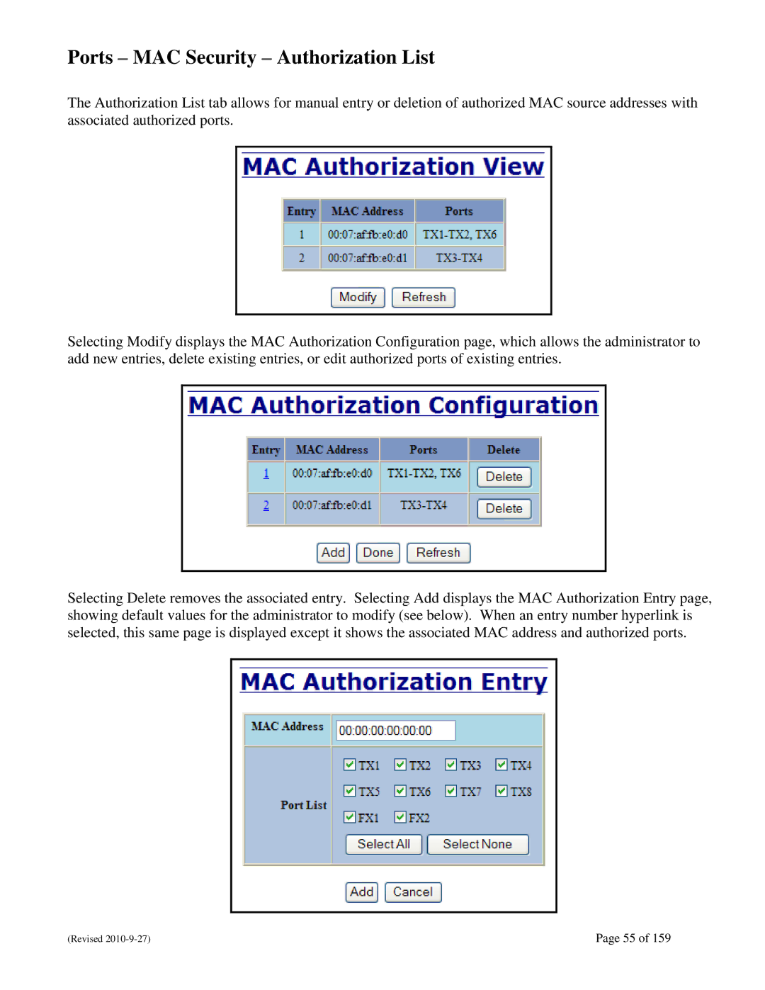 N-Tron 710FX2 user manual Ports MAC Security Authorization List 