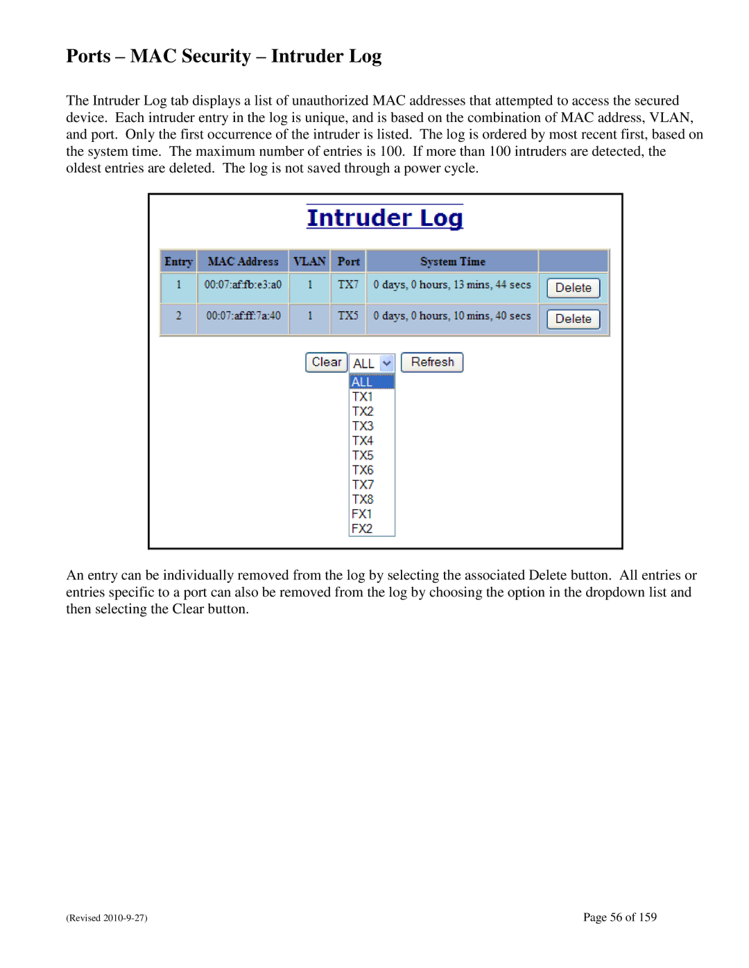 N-Tron 710FX2 user manual Ports MAC Security Intruder Log 