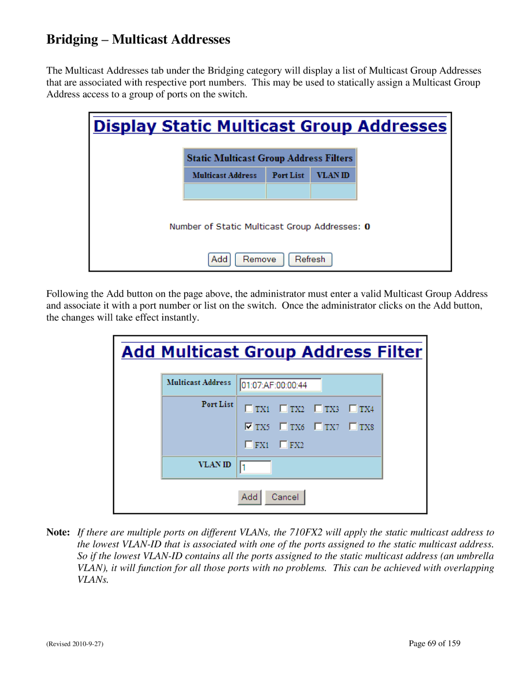 N-Tron 710FX2 user manual Bridging Multicast Addresses 