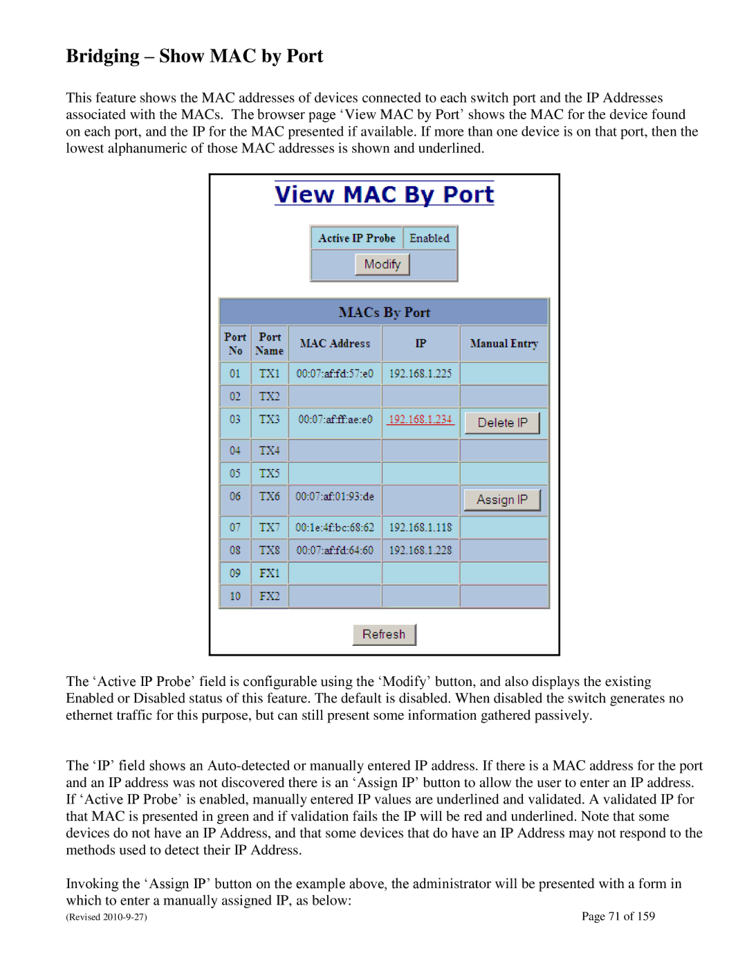 N-Tron 710FX2 user manual Bridging Show MAC by Port 