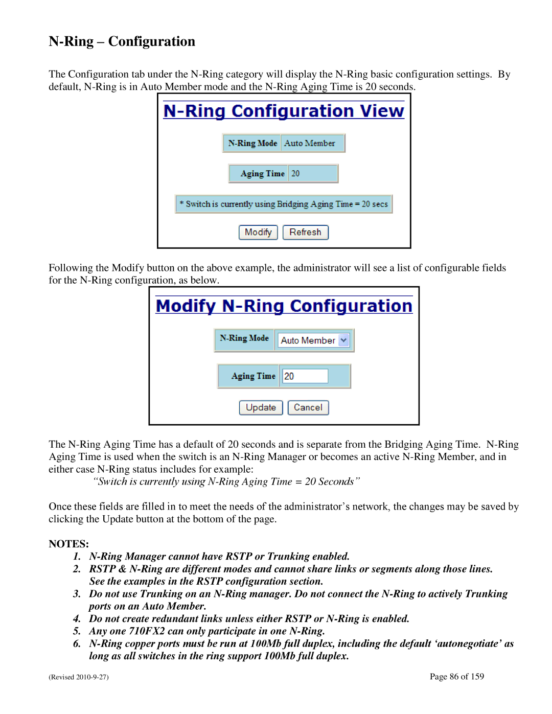 N-Tron 710FX2 user manual Ring Configuration, Switch is currently using N-Ring Aging Time = 20 Seconds 