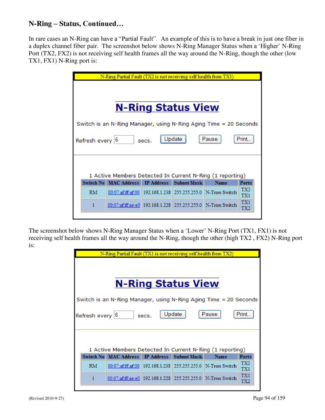 N-Tron 710FX2 user manual Ring Status, … 