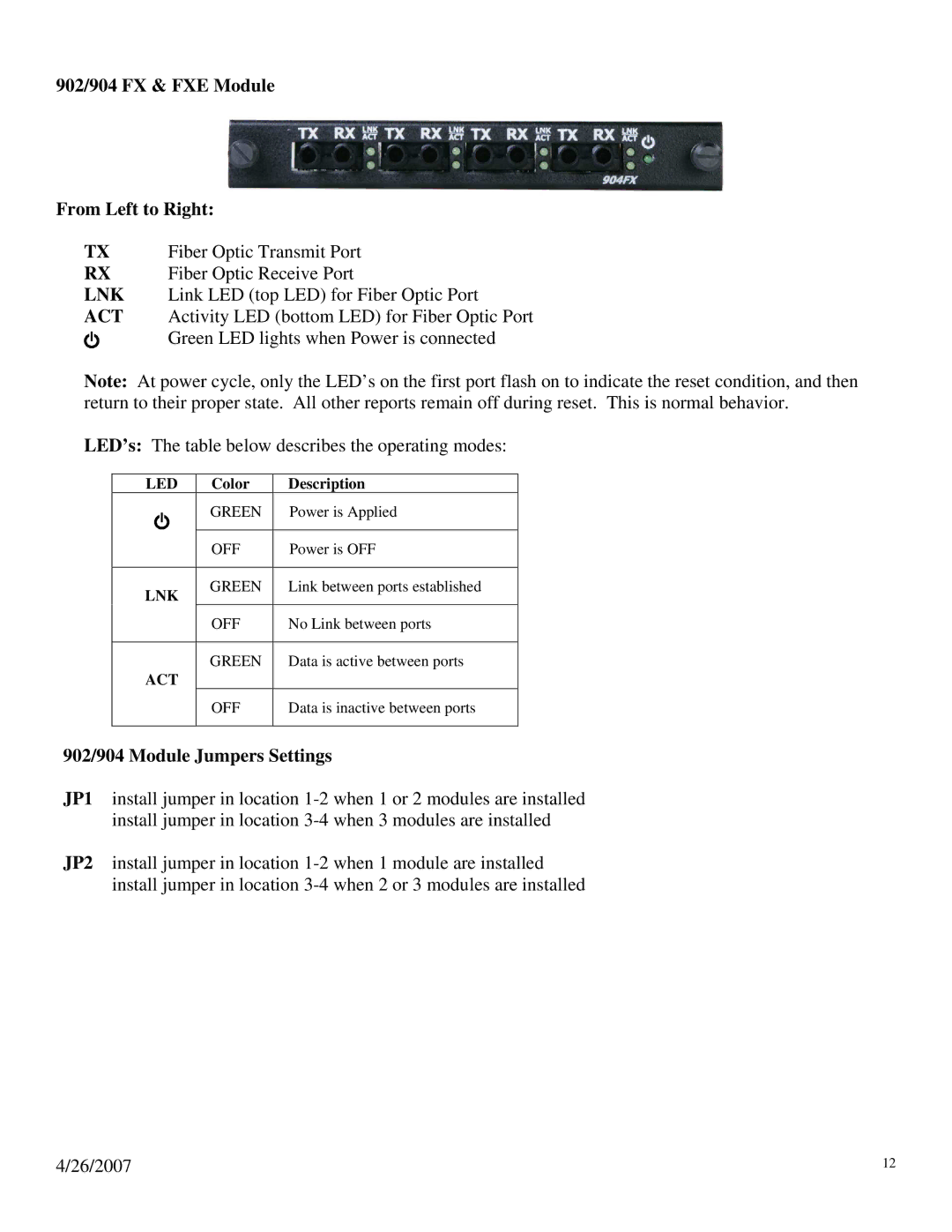 N-Tron 900 manual 902/904 FX & FXE Module From Left to Right, 902/904 Module Jumpers Settings 