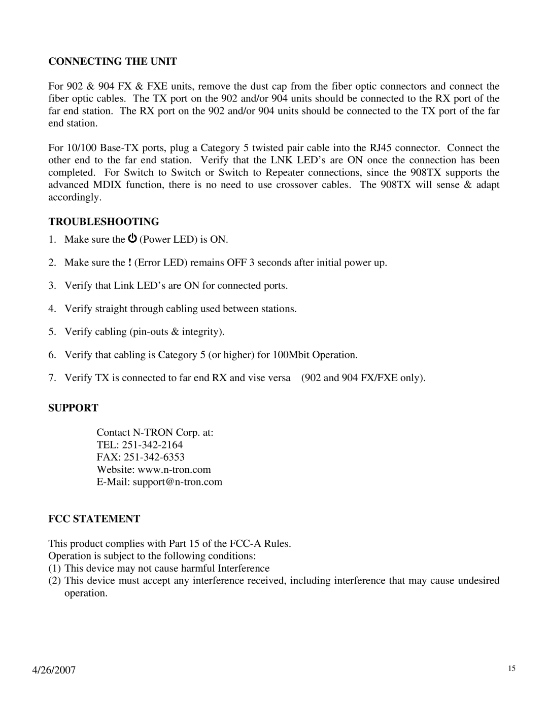 N-Tron 900 manual Connecting the Unit, Troubleshooting, Support, FCC Statement 