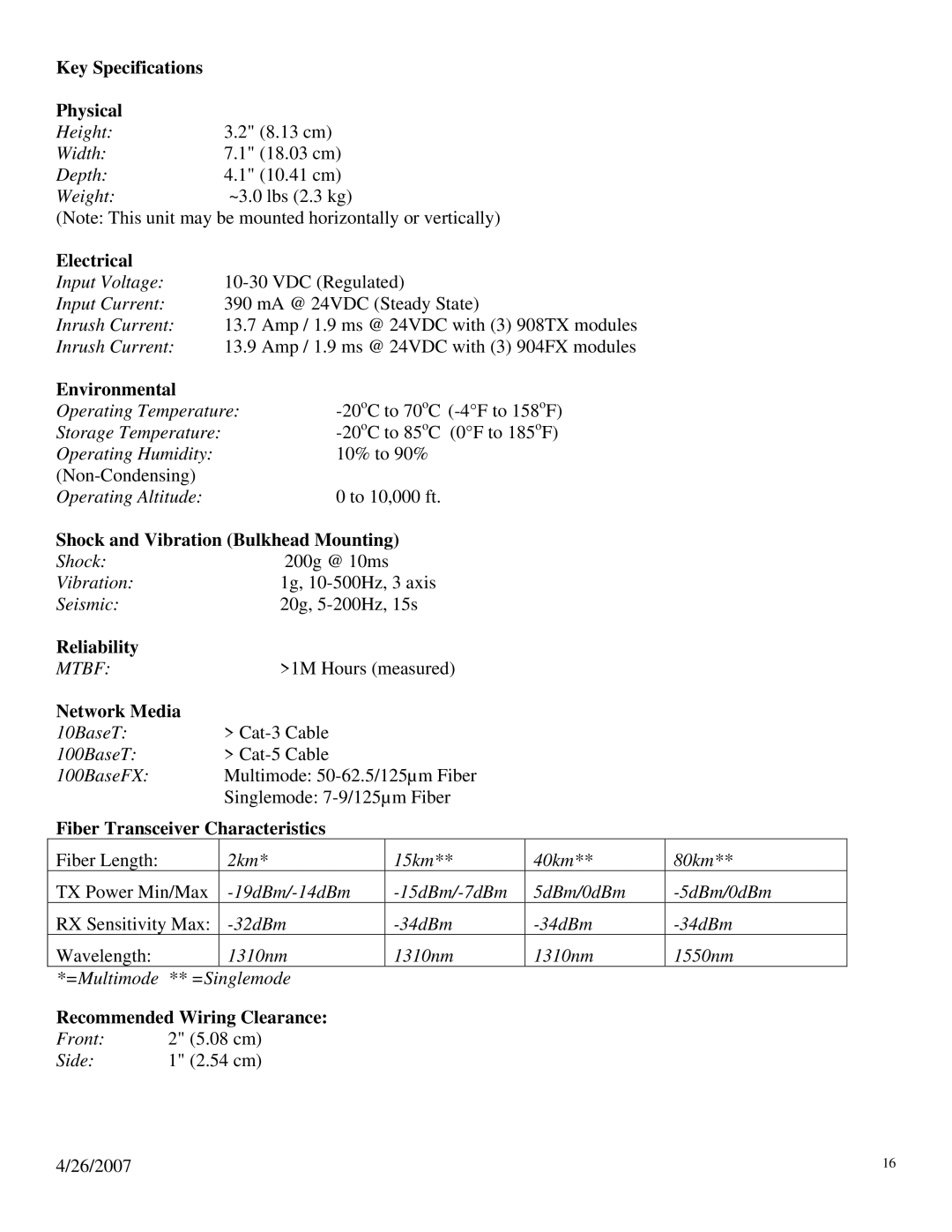 N-Tron 900 manual Electrical, Fiber Transceiver Characteristics, Recommended Wiring Clearance 