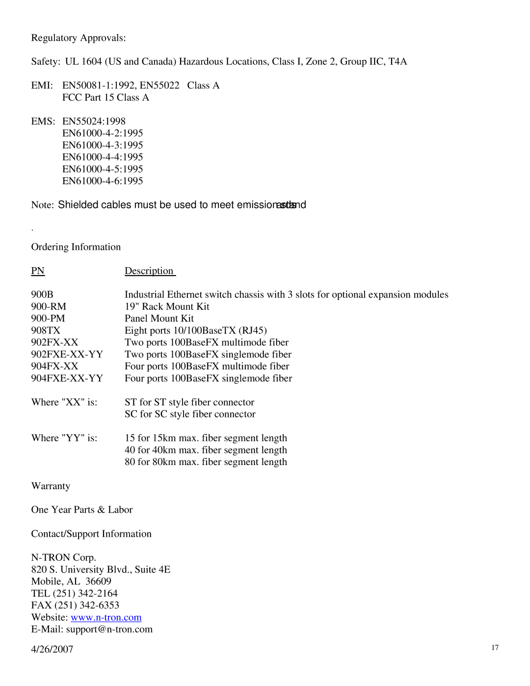 N-Tron 900 manual Regulatory Approvals, Ordering Information Description, Warranty, Contact/Support Information 