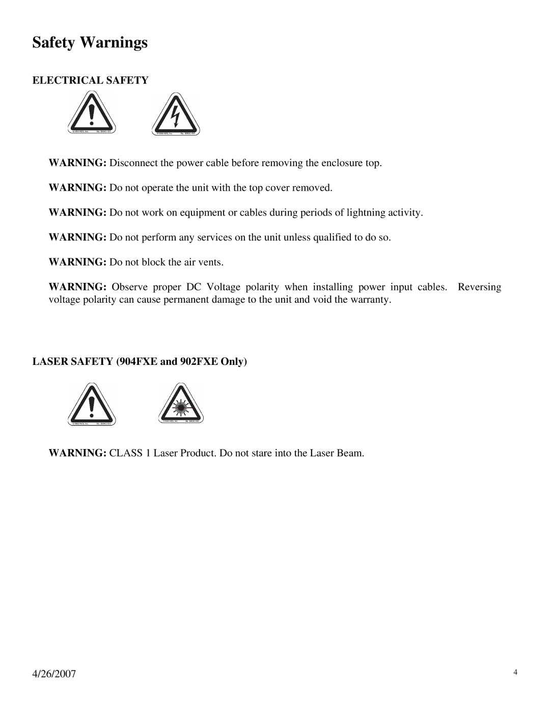 N-Tron 900 manual Electrical Safety, Laser Safety 904FXE and 902FXE Only 